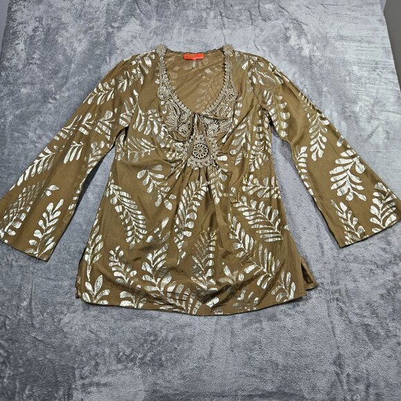 Hale Bob Cabana Top Medium Tan Silk Blend Metallic Silver Palm Leaf Beach Tunic - Picture 1 of 9